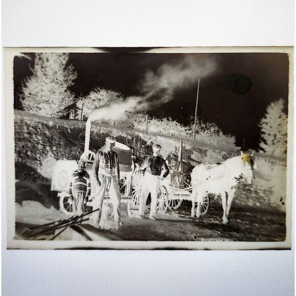 1920s Photograph Negative Original Horses Cement Mixer Carts Transportation C65 - Picture 1 of 1
